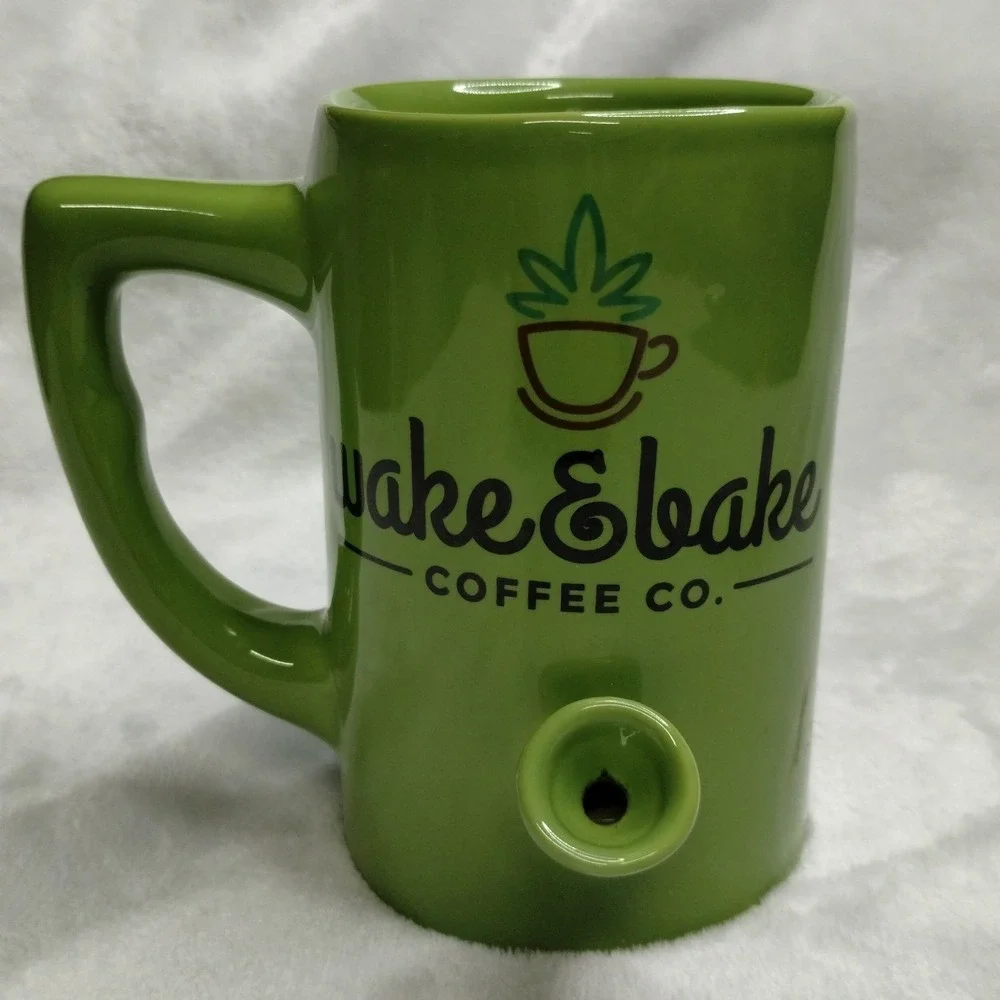 Wake & Bake Coffee Co. Lime Green Ceramic Pipe Mug Novelty Coffee Cup 420 - Picture 1 of 10